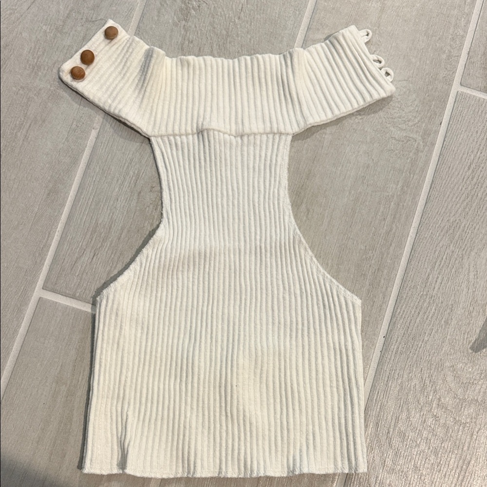 ARE YOU AM I Ribbed Cream Off-Shoulder Crop Top